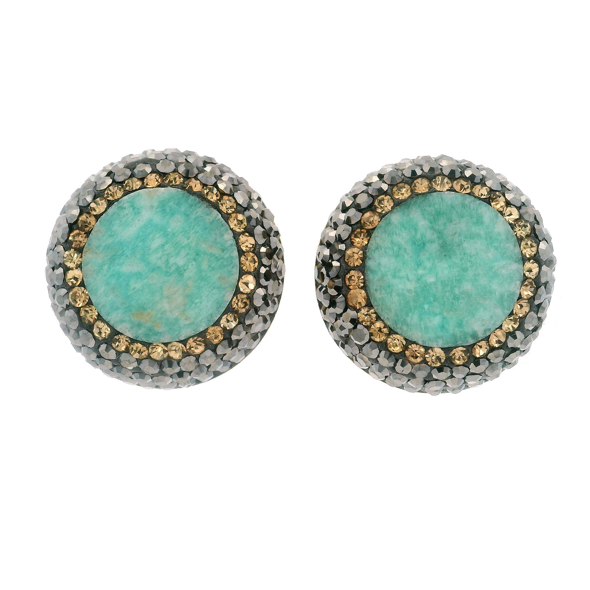 Persian Turquoise Earrings - Clip-On Round Surrounded by Rows of Gold Swarovski Crystals & Marcasite with Gold Vermeil over 925 Sterling Silver