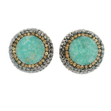 Persian Turquoise Earrings - Clip-On Round Surrounded by Rows of Gold Swarovski Crystals & Marcasite with Gold Vermeil over 925 Sterling Silver
