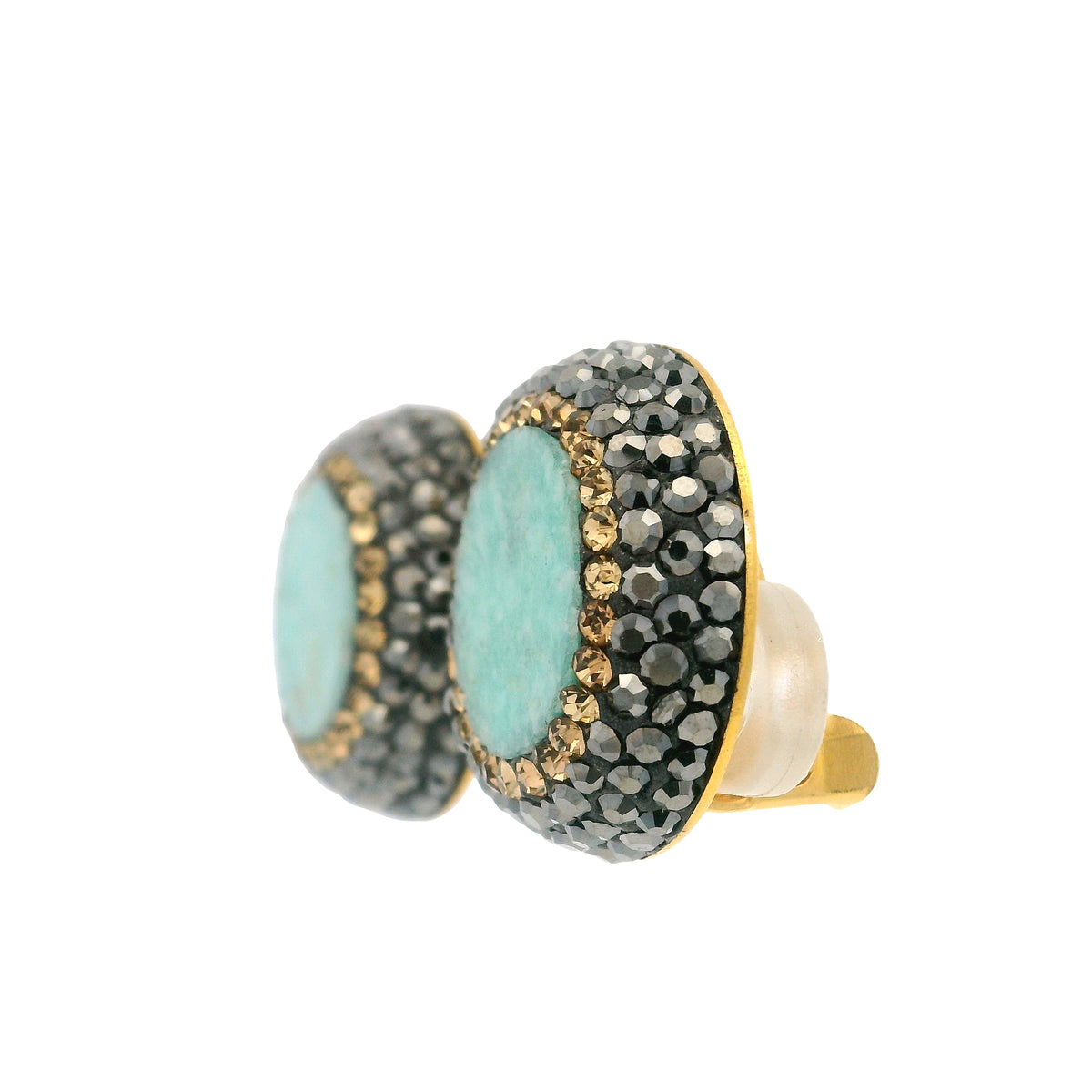 Persian Turquoise Earrings - Clip-On Round Surrounded by Rows of Gold Swarovski Crystals & Marcasite with Gold Vermeil over 925 Sterling Silver