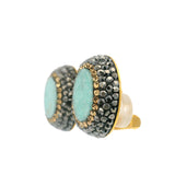 Persian Turquoise Earrings - Clip-On Round Surrounded by Rows of Gold Swarovski Crystals & Marcasite with Gold Vermeil over 925 Sterling Silver