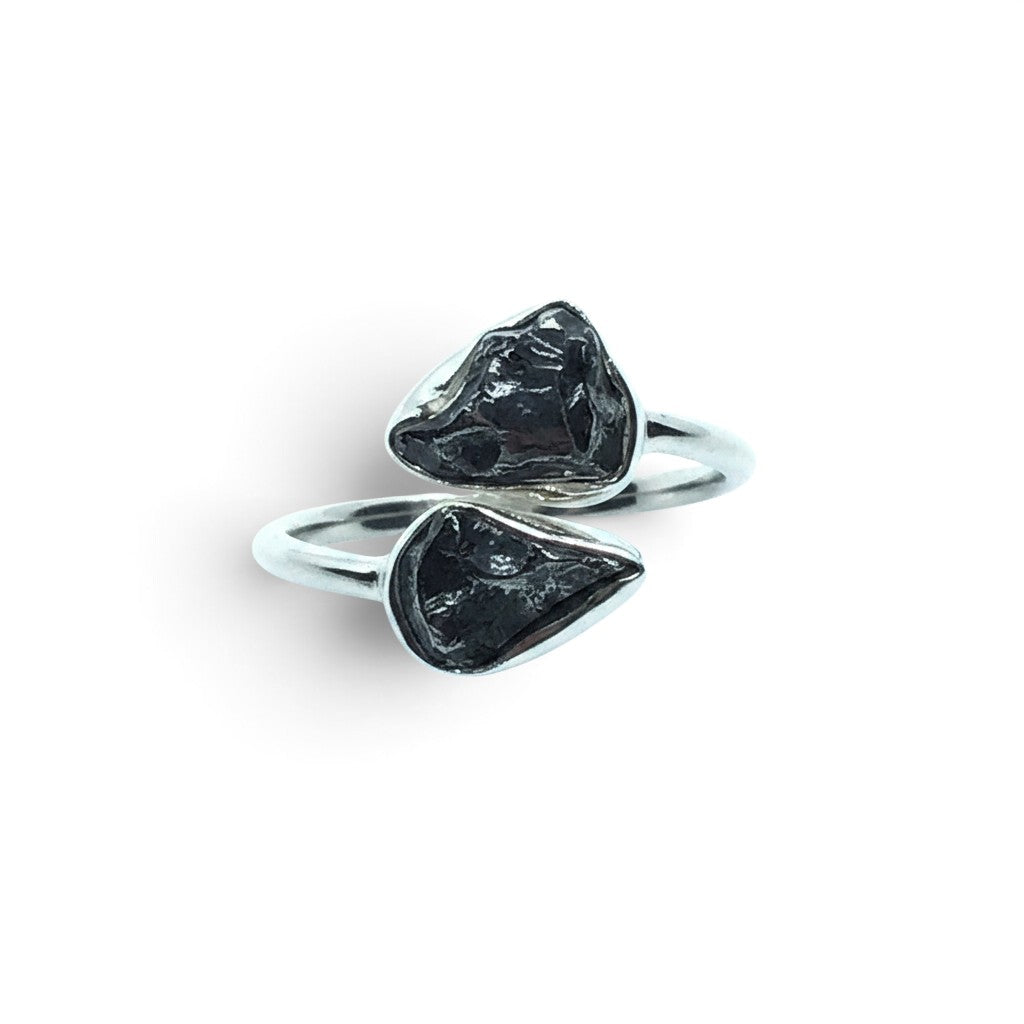 Rare Earth Gallery Agoudal meteorite ring featuring two dark, textured nuggets in a polished silver open band design.