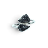 Rare Earth Gallery Agoudal meteorite ring featuring two dark, textured nuggets in a polished silver open band design.