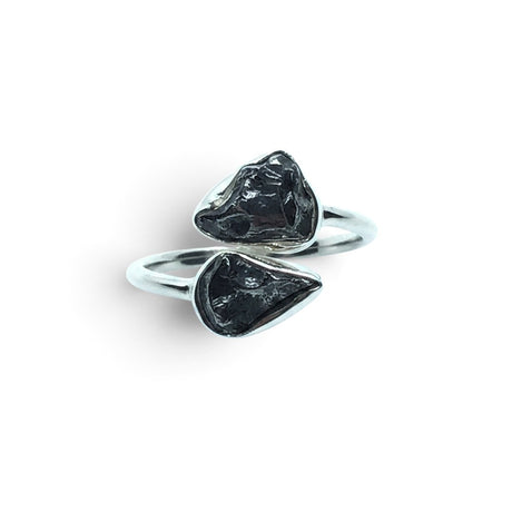Rare Earth Gallery Agoudal meteorite ring featuring two dark, textured nuggets in a polished silver open band design.