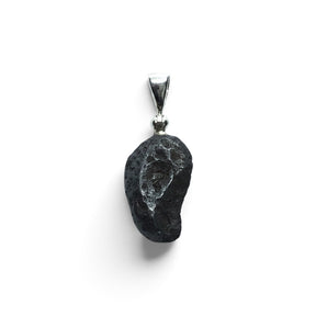Rare Earth Gallery Agoudal meteorite pendant featuring a dark gray rounded freeform stone on a silver bail.