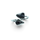 Rare Earth Gallery Agoudal meteorite ring featuring two bezel-set dark cosmic nuggets on a polished silver open band.