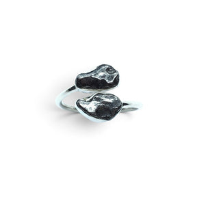 Rare Earth Gallery Agoudal meteorite ring featuring two bezel-set cosmic nuggets on a polished silver open band.