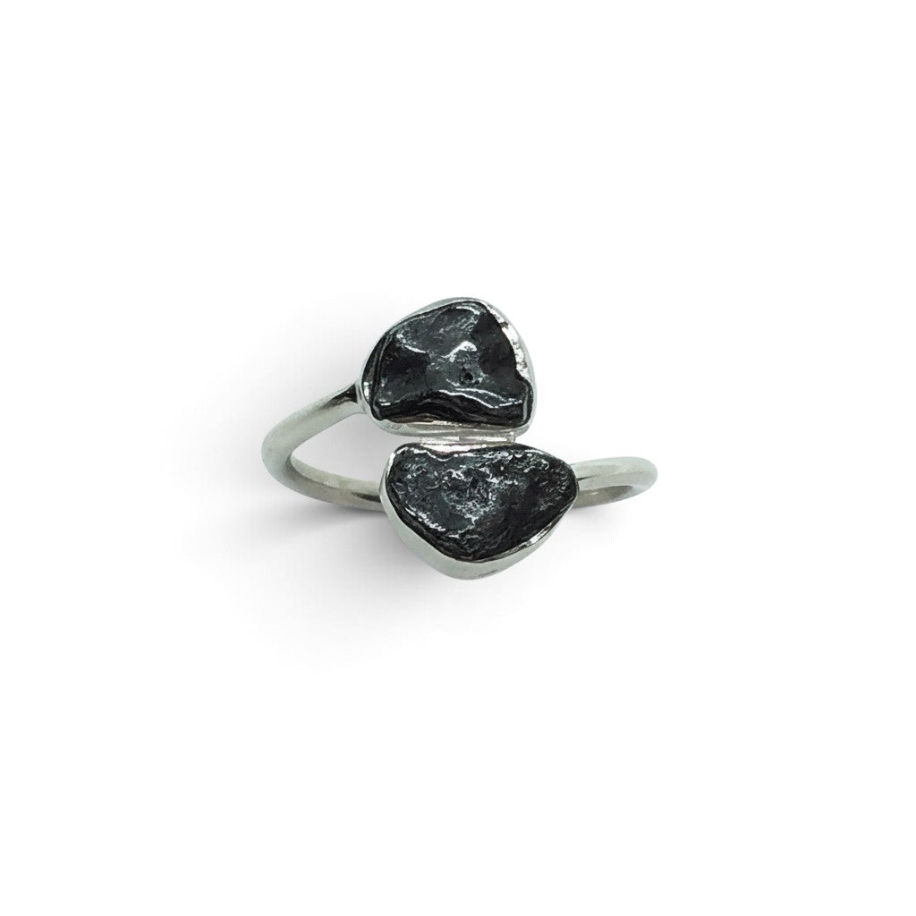 Rare Earth Gallery Agoudal meteorite ring featuring two bezel-set cosmic nuggets on a polished silver open band