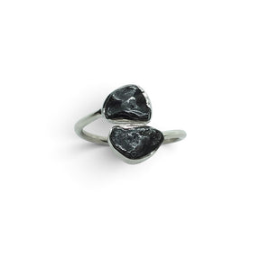 Rare Earth Gallery Agoudal meteorite ring featuring two bezel-set cosmic nuggets on a polished silver open band