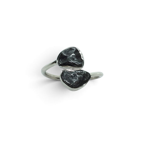 Rare Earth Gallery Agoudal meteorite ring featuring two bezel-set cosmic nuggets on a polished silver open band