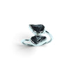 Rare Earth Gallery Agoudal meteorite ring with two raw black nuggets in a polished silver bezel set open band design.