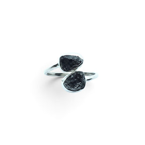 Rare Earth Gallery Agoudal meteorite ring featuring two raw black meteorite nuggets in a silver bezel set open band.