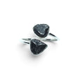 Rare Earth Gallery Agoudal meteorite ring featuring two bezel-set cosmic nuggets on a polished silver open band.