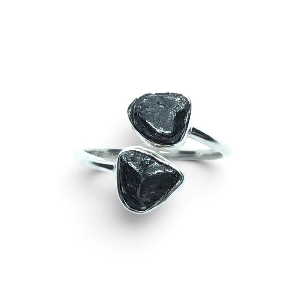 Rare Earth Gallery Agoudal meteorite ring featuring two bezel-set cosmic nuggets on a polished silver open band.
