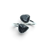 Rare Earth Gallery Agoudal meteorite ring featuring two bezel-set cosmic nuggets on a polished silver open band.
