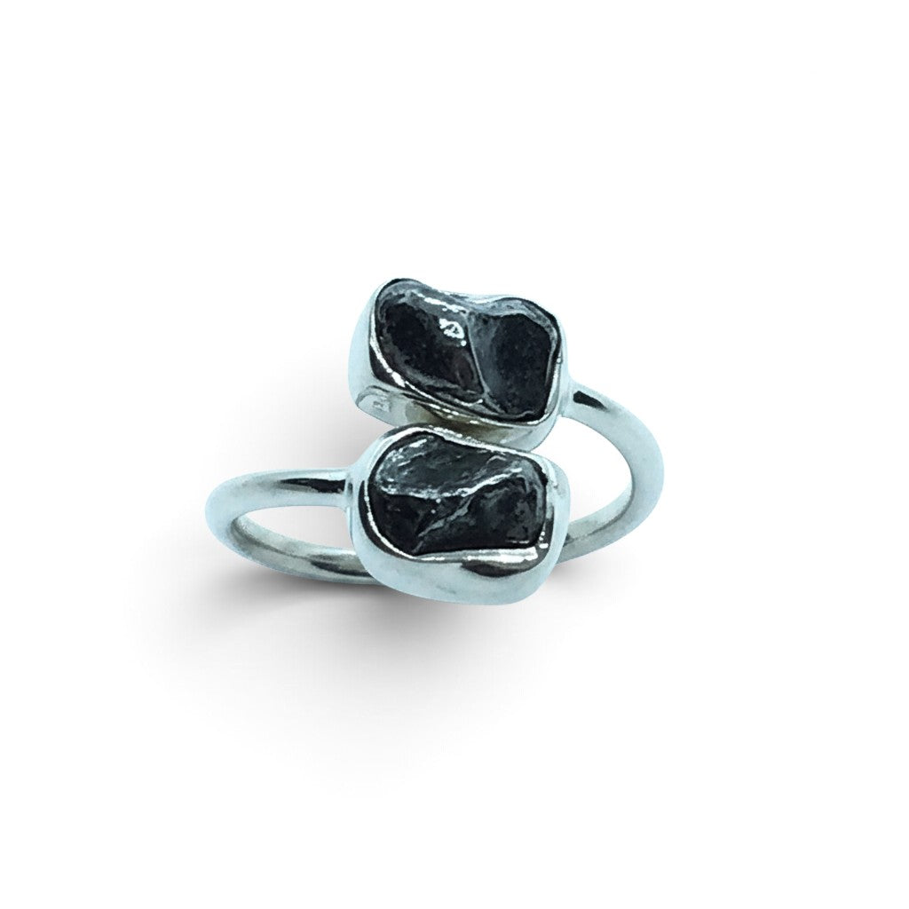 Rare Earth Gallery Agoudal meteorite ring with double nuggets in a polished bezel-set open band design.