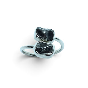 Rare Earth Gallery Agoudal meteorite ring with double nuggets in a polished bezel-set open band design.