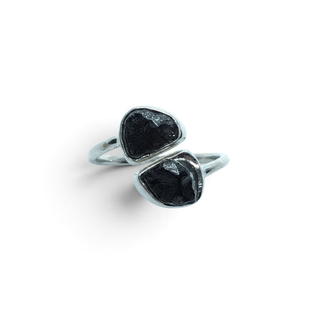 Rare Earth Gallery Agoudal meteorite ring featuring two raw black meteorite nuggets in a polished silver open band