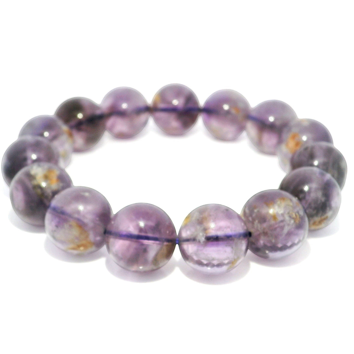 Rare Earth Gallery Ametrine beaded bracelet with 13.5-14.5 mm round beads in purple and golden yellow.