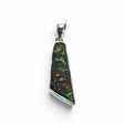 Rare Earth Gallery organic ammolite pendant featuring iridescent green, blue, and amber fossilized shell in silver setting