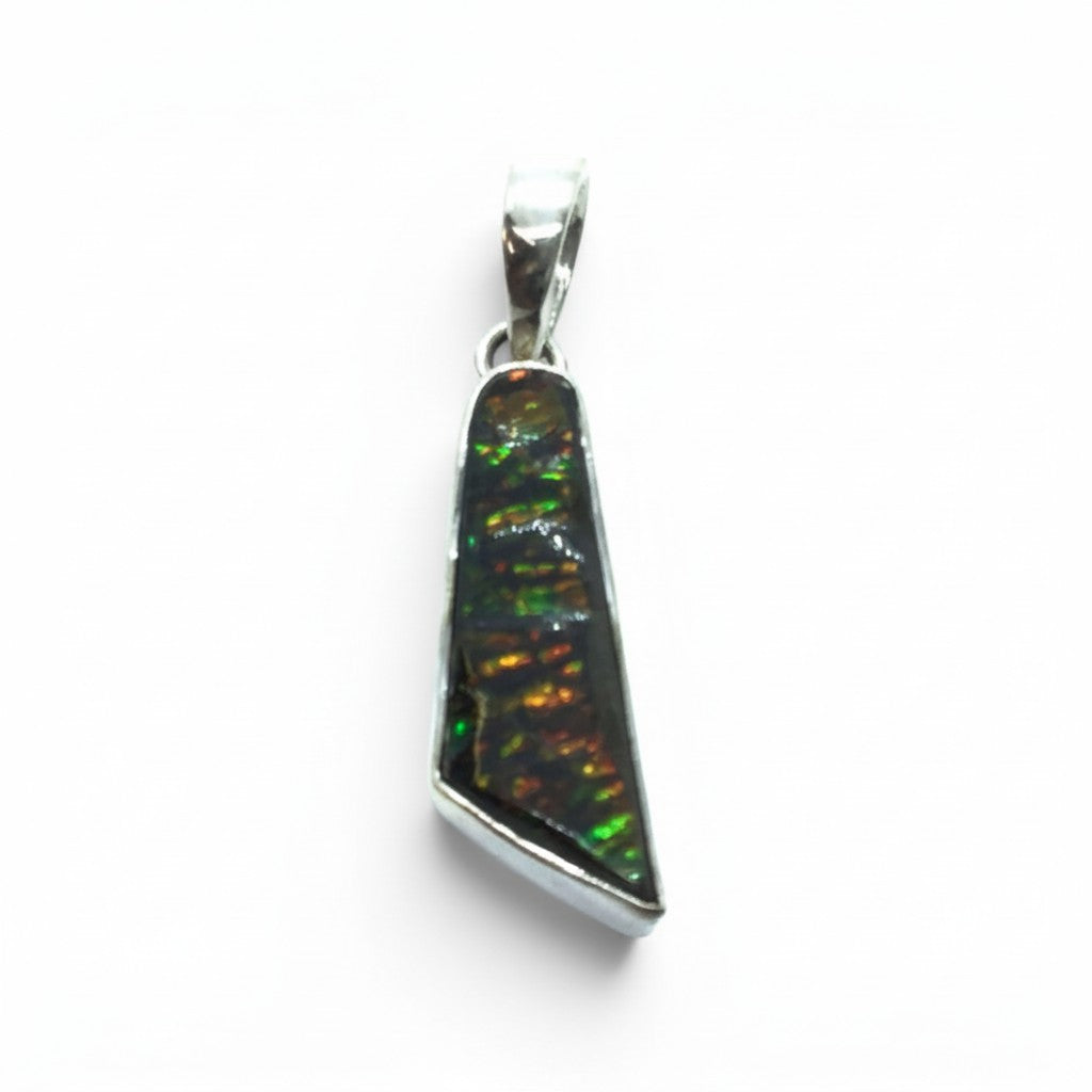 Rare Earth Gallery organic ammolite pendant featuring iridescent green, blue, and amber fossilized shell in silver setting