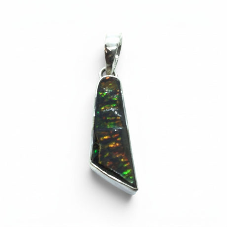 Rare Earth Gallery organic ammolite pendant featuring iridescent green, blue, and amber fossilized shell in silver setting