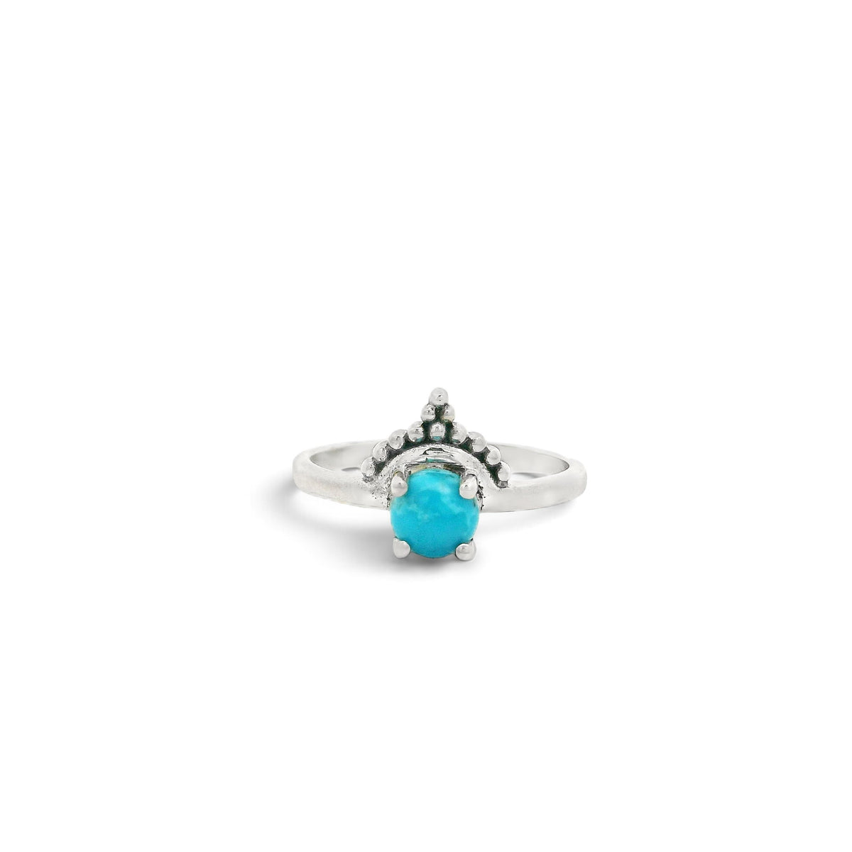 Rare Earth Gallery Arizona turquoise ring featuring a 4mm round stone with a silver dot crown detail.