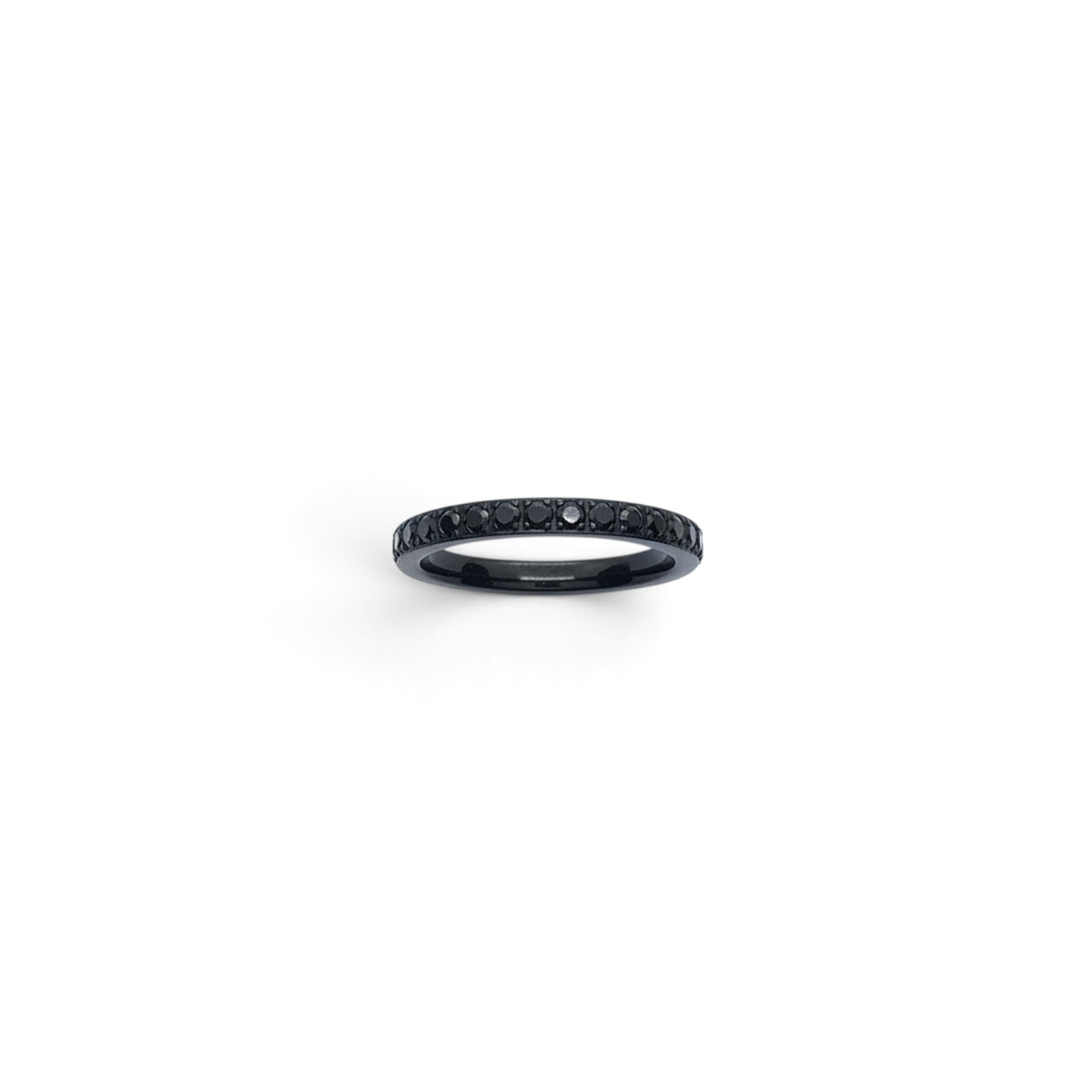 Rare Earth Gallery 2mm titanium ring with black IP plating and a half-band of sparkling black cubic zirconia stones.
