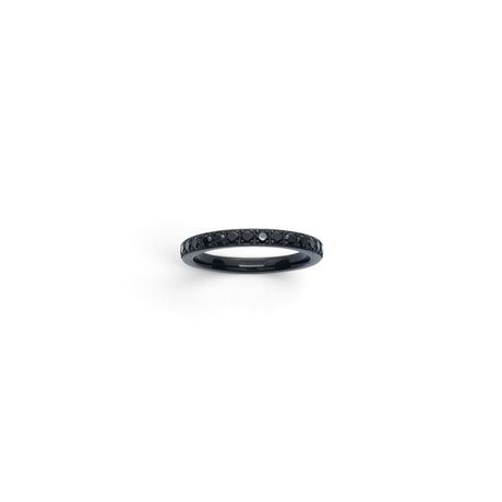 Rare Earth Gallery 2mm titanium ring with black IP plating and a half-band of sparkling black cubic zirconia stones.
