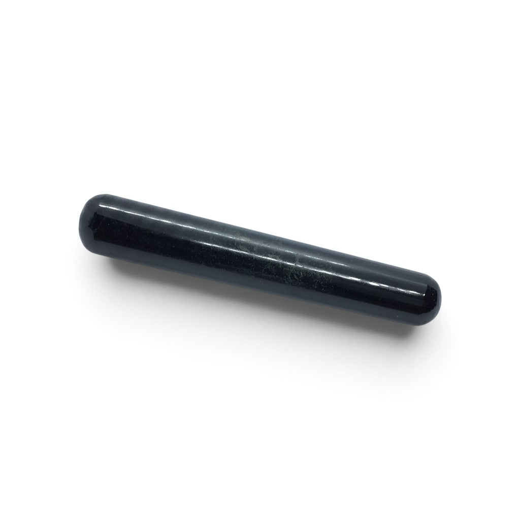 Rare Earth Gallery polished black tourmaline massage wand with a smooth cylindrical shape for therapeutic use
