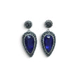 Rare Earth Gallery blue sapphire dangle earrings with faceted reverse pear stones, marcasite, and silver crystals.