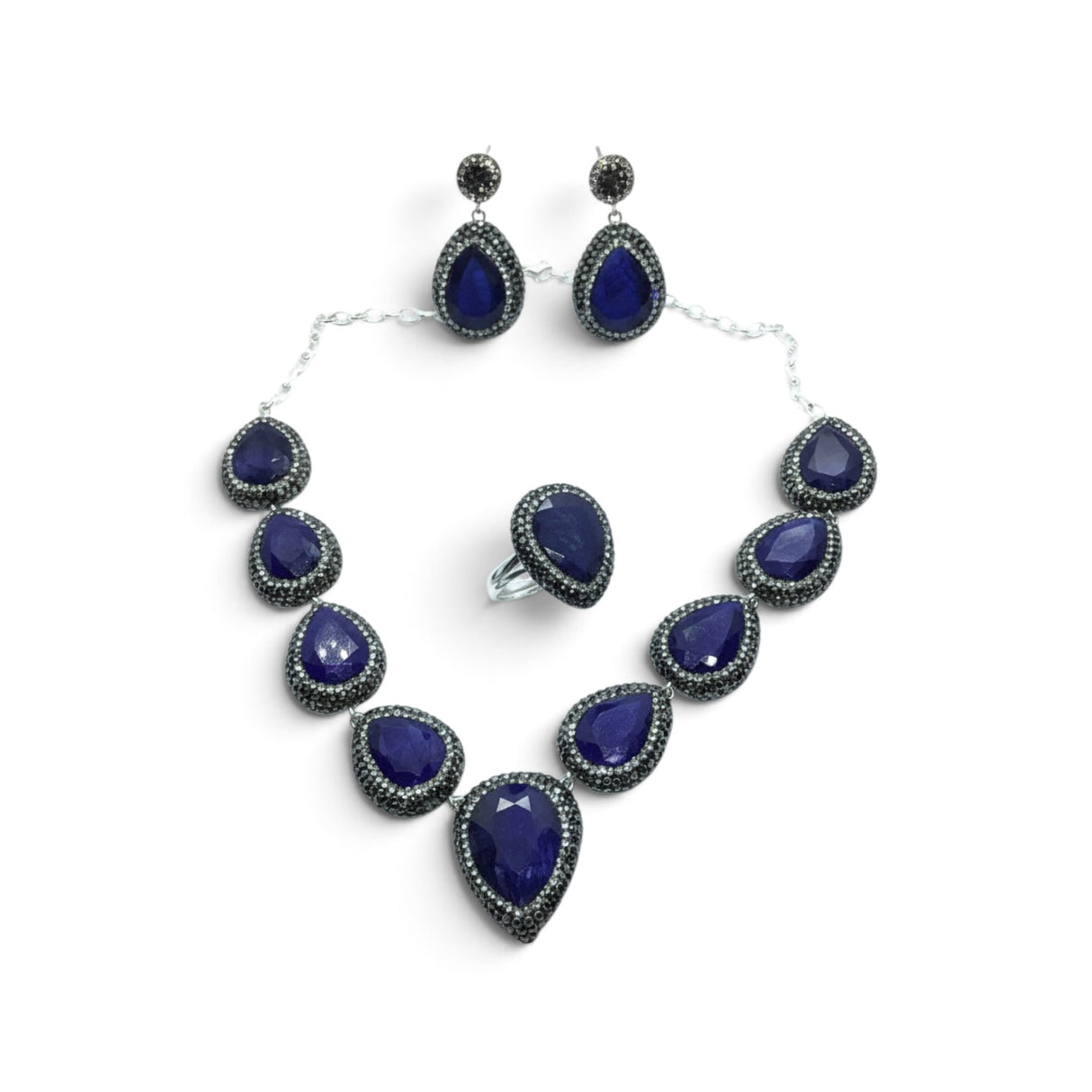 Rare Earth Gallery blue sapphire necklace, pear-cut earring, and double band ring set with marcasite and silver
