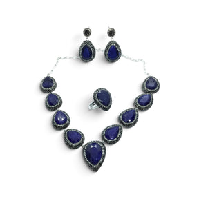 Rare Earth Gallery blue sapphire necklace, pear-cut earring, and double band ring set with marcasite and silver