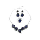 Rare Earth Gallery blue sapphire pear-shaped necklace, earring, and double band ring set with marcasite and silver.