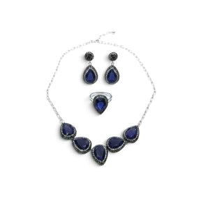 Rare Earth Gallery blue sapphire pear-shaped necklace, earring, and double band ring set with marcasite and silver.