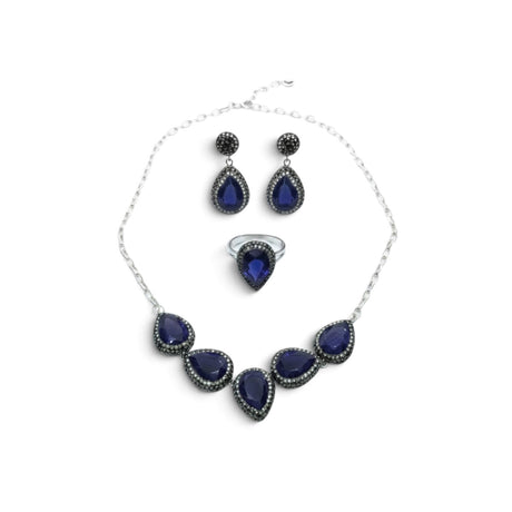Rare Earth Gallery blue sapphire pear-shaped necklace, earring, and double band ring set with marcasite and silver.