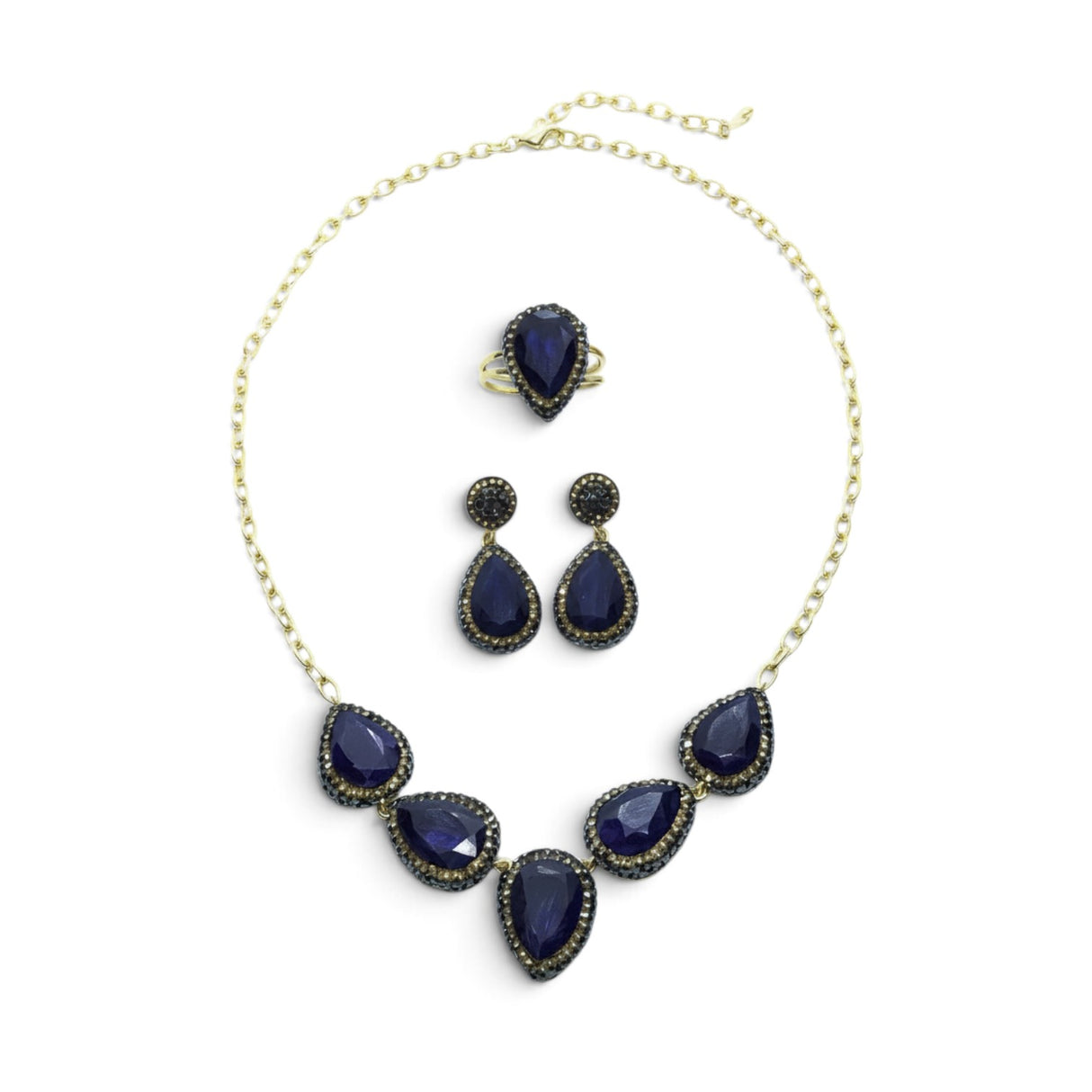 Rare Earth Gallery blue sapphire necklace, pear-shaped earring set, and double band ring with gold overlay and marcasite