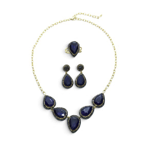 Rare Earth Gallery blue sapphire necklace, pear-shaped earring set, and double band ring with gold overlay and marcasite
