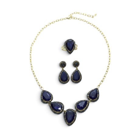 Rare Earth Gallery blue sapphire necklace, pear-shaped earring set, and double band ring with gold overlay and marcasite
