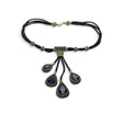 Rare Earth Gallery blue sapphire necklace with four faceted pear pendants, gold Swarovski crystals, and marcasite.
