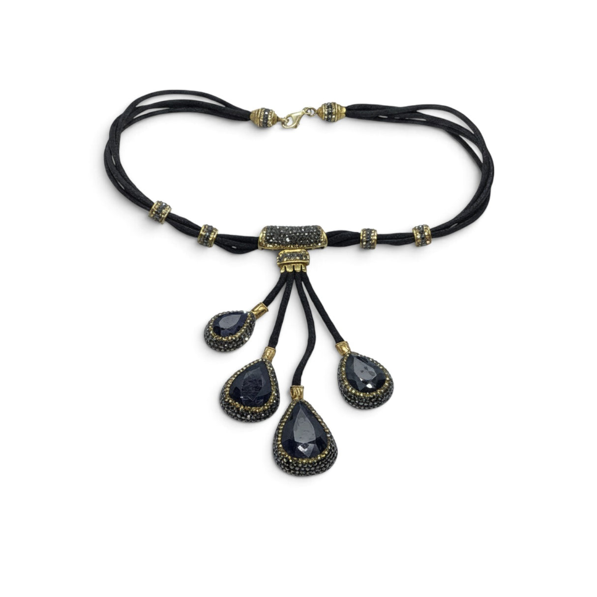 Rare Earth Gallery blue sapphire necklace with four faceted pear pendants, gold Swarovski crystals, and marcasite.