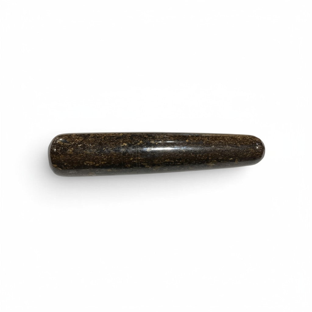 Rare Earth Gallery polished bronzite massage wand with a smooth, dark brown speckled finish