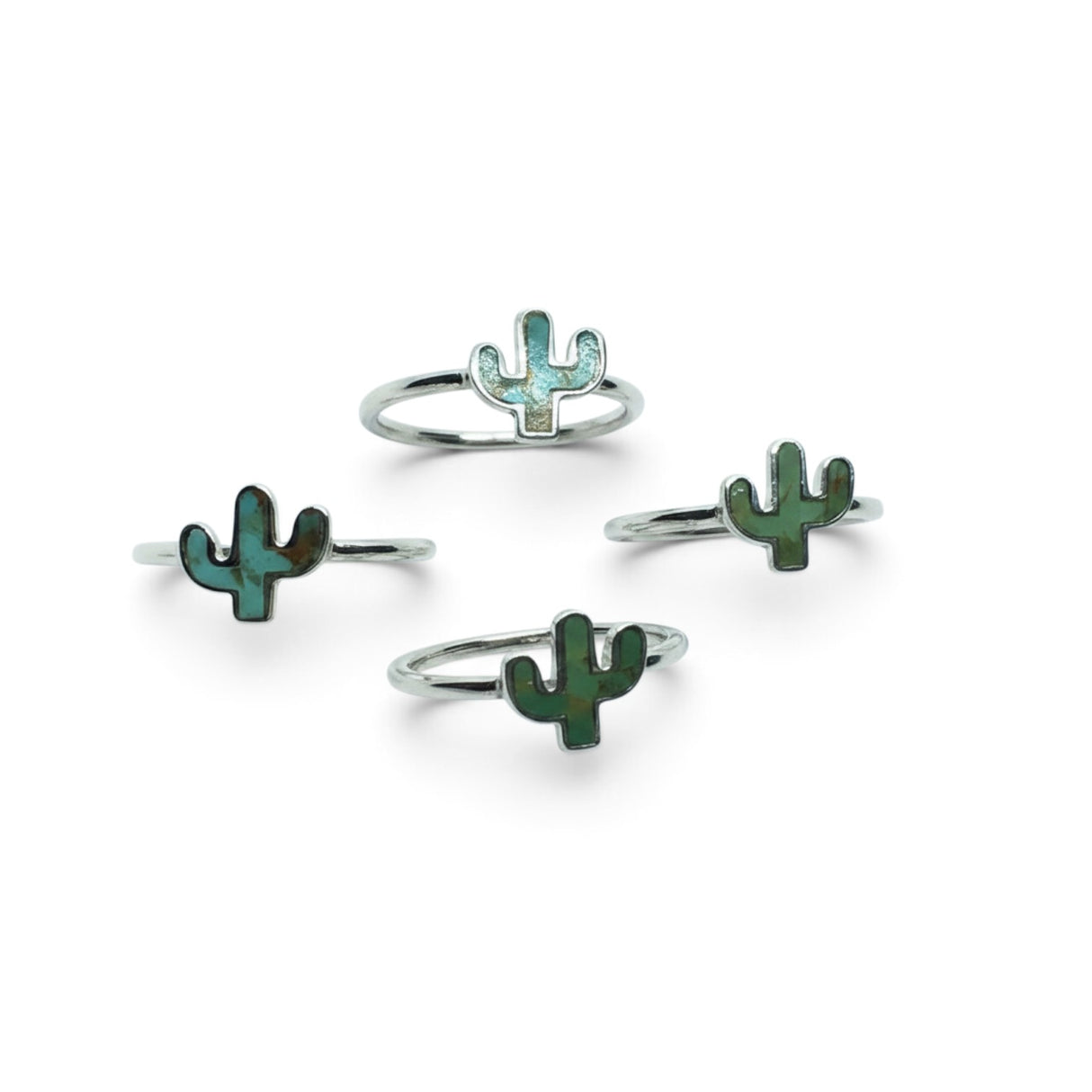 Rare Earth Gallery cactus-shaped green turquoise rings set in polished 925 sterling silver bands