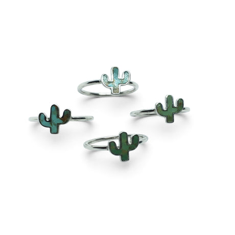 Rare Earth Gallery cactus-shaped green turquoise rings set in polished 925 sterling silver bands