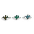 Rare Earth Gallery cactus-shaped rings featuring green turquoise inlays set in polished 925 sterling silver bands.
