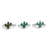 Rare Earth Gallery cactus-shaped rings featuring green turquoise inlays set in polished 925 sterling silver bands.