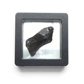 Rare Earth Gallery tumbled Canyon Diablo iron meteorite specimen displayed in a protective black floating gel box.