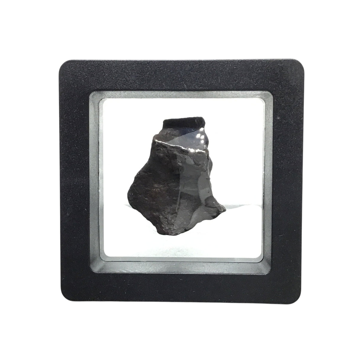 Rare Earth Gallery tumbled Canyon Diablo iron meteorite fragment displayed in a protective black gel box.