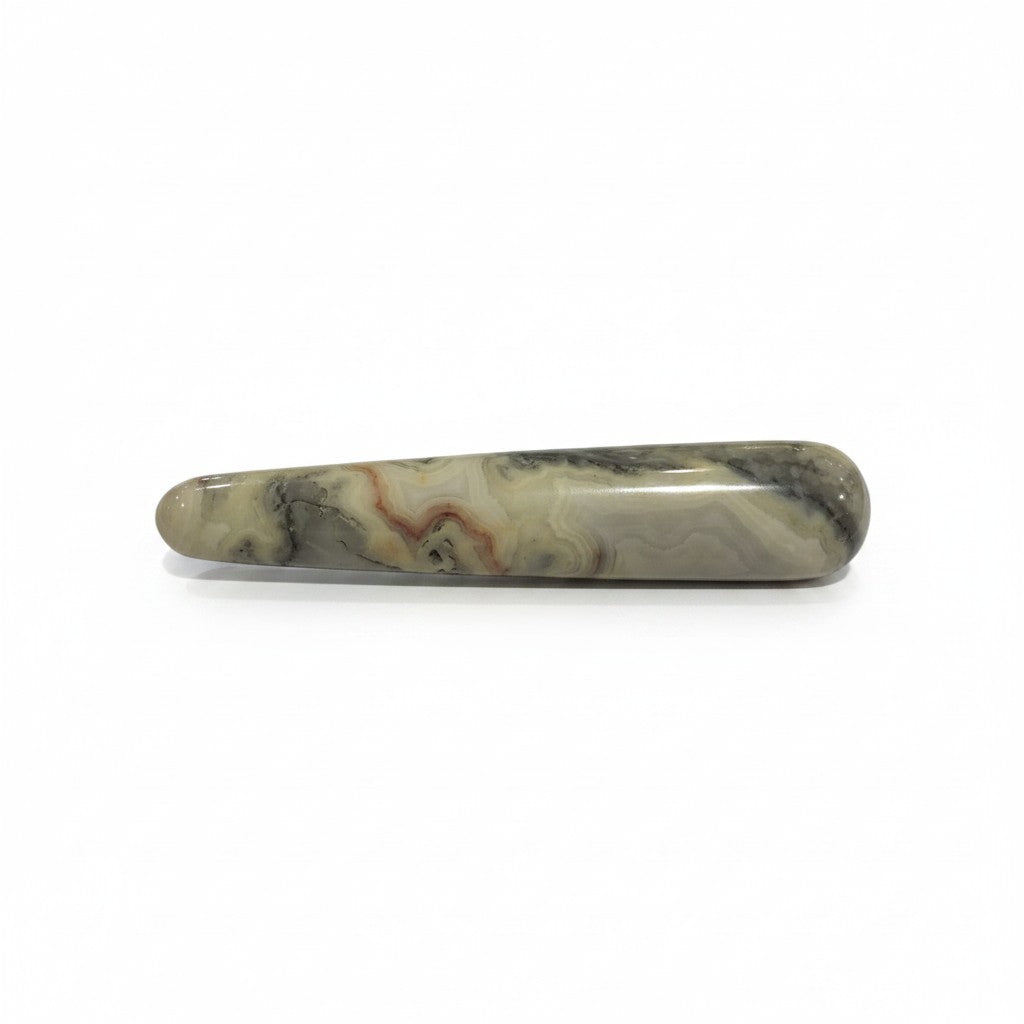 Rare Earth Gallery yellow Crazy Lace Agate massage wand with smooth polished surface and intricate swirling patterns