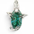 Rare Earth Gallery dragon pendant featuring a green and blue chrysocolla malachite stone set in detailed silver.