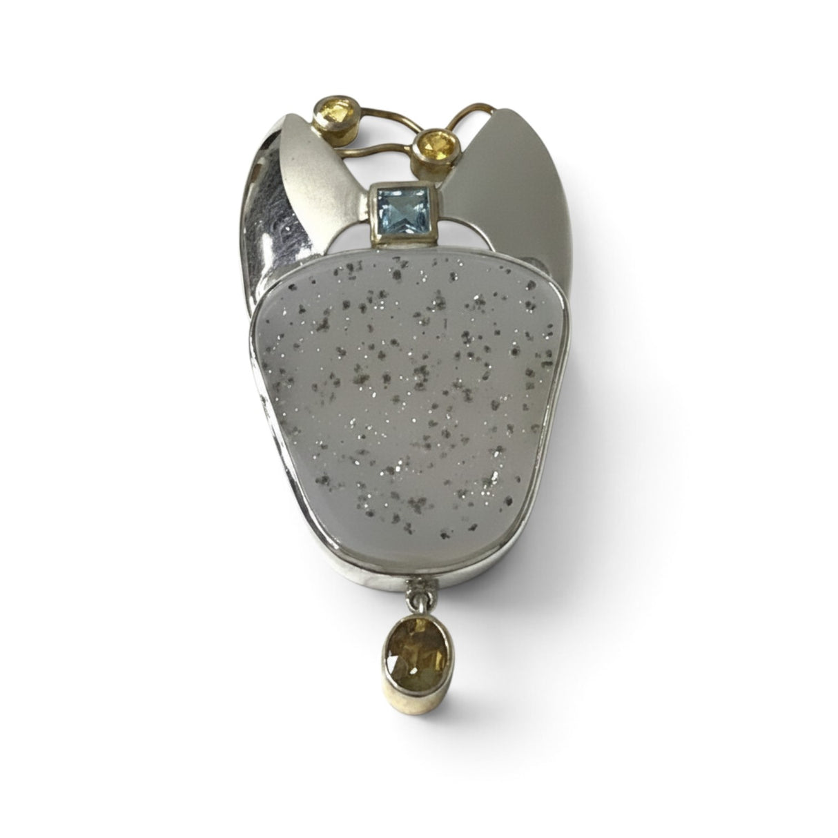 Rare Earth Gallery pendant featuring a natural druze stone, blue topaz, yellow sapphire, and 18k gold wire accents.